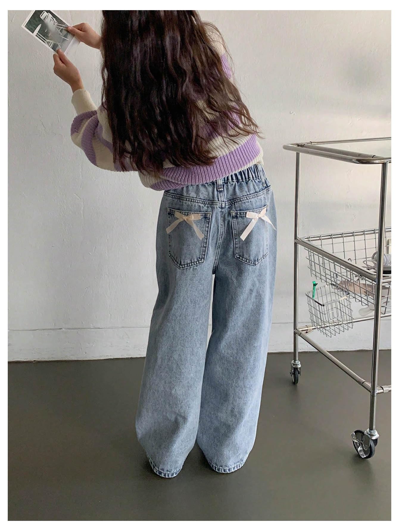 Girl's Bow Print Back Zipper Fly Elastic High Waist Denim Pants Basic Wide Leg Jeans