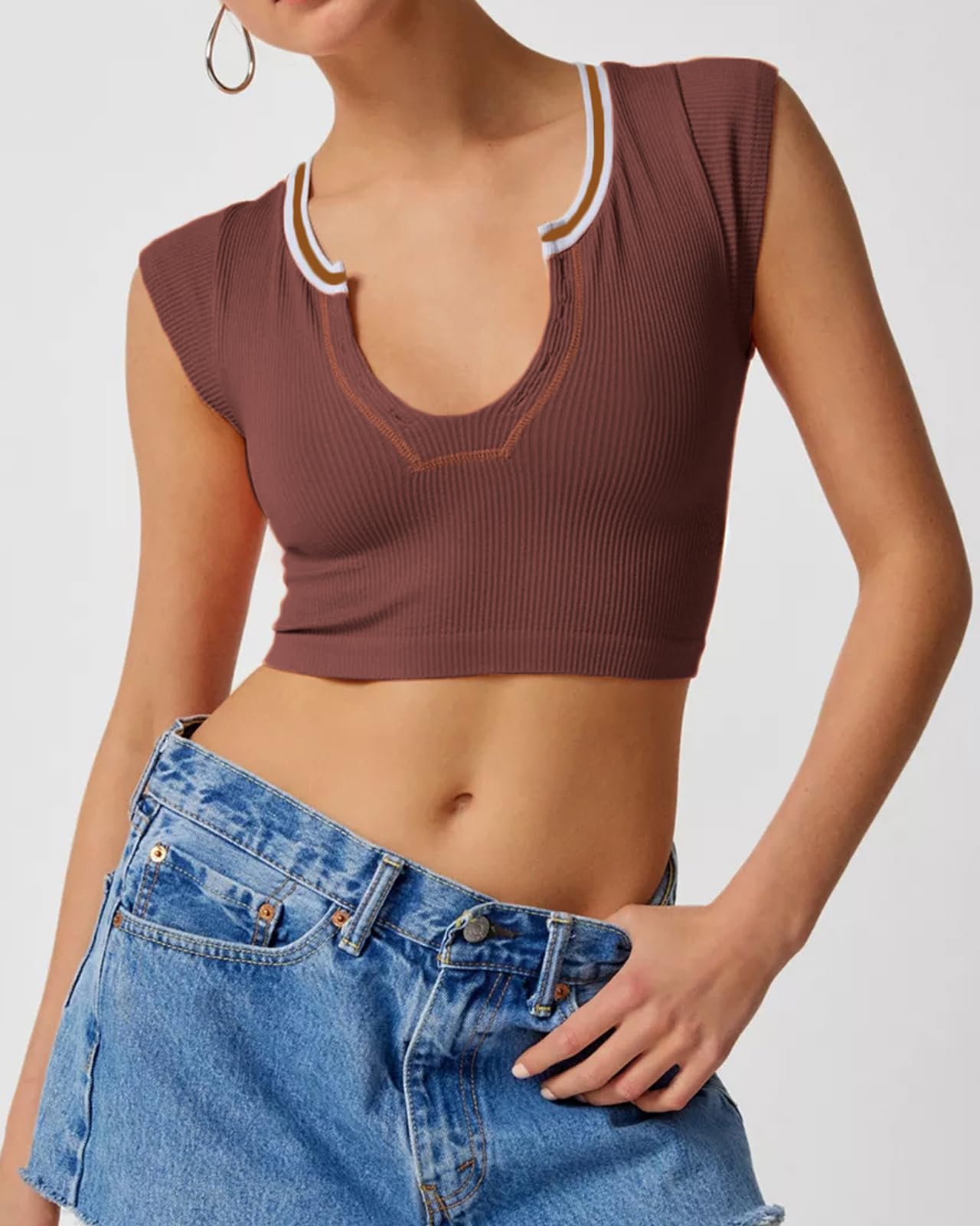 Crop Top Crew Neck T-Shirt Short Sleeve - Ribbed Knit Basic Crop Tank Top