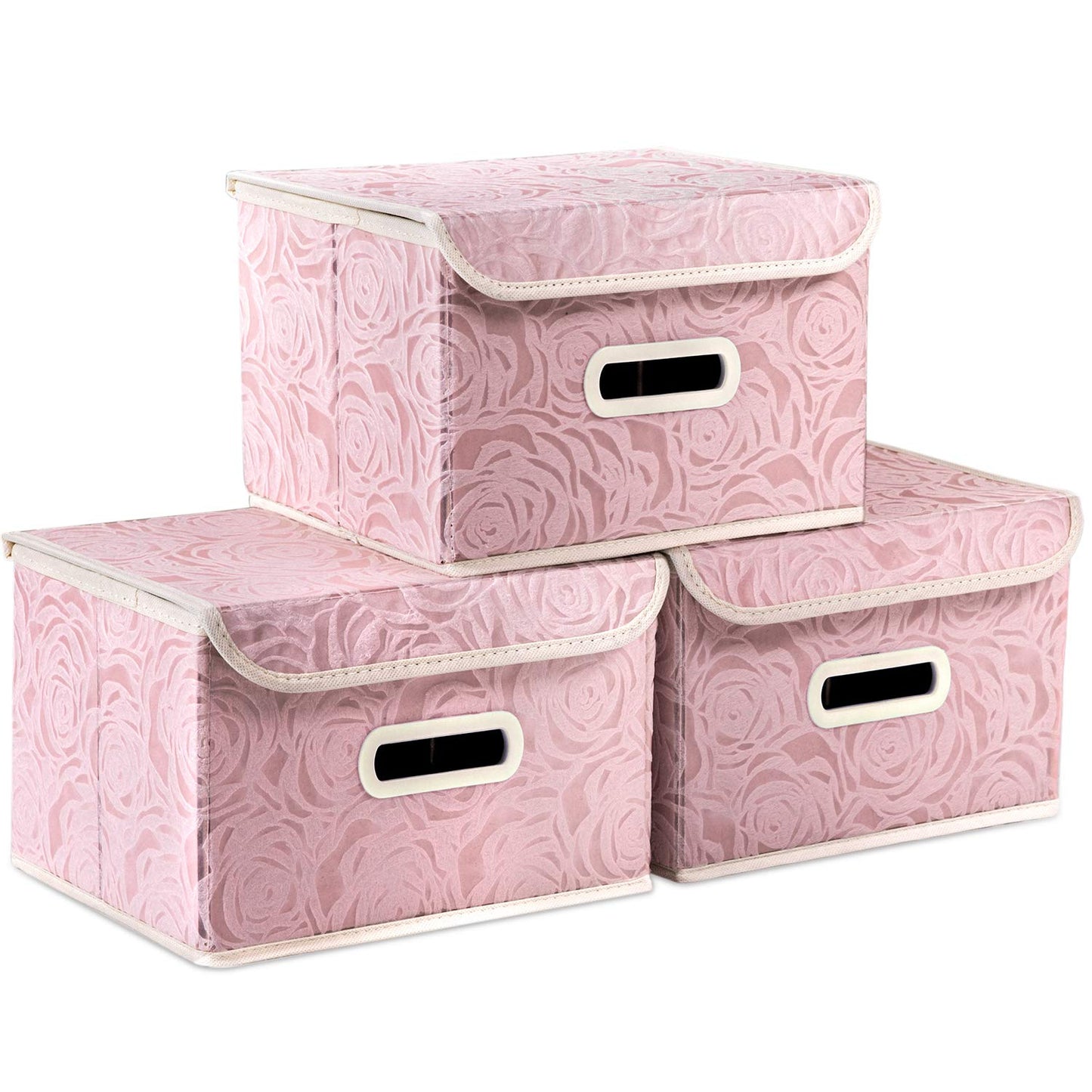 Larger Collapsible Storage Bin with Lid Fabric Decorative Storage Box Cube Organizer Container Baskes with Handles Divider for Bedroom Closet Living Room Pink 17.7x11.8x11.8 Inch