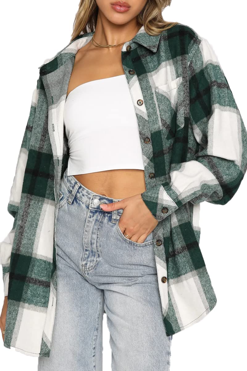 Women's Casual Flannel Plaid Shacket Button Down Long Sleeve Shirt Jacket Coats with Pockets