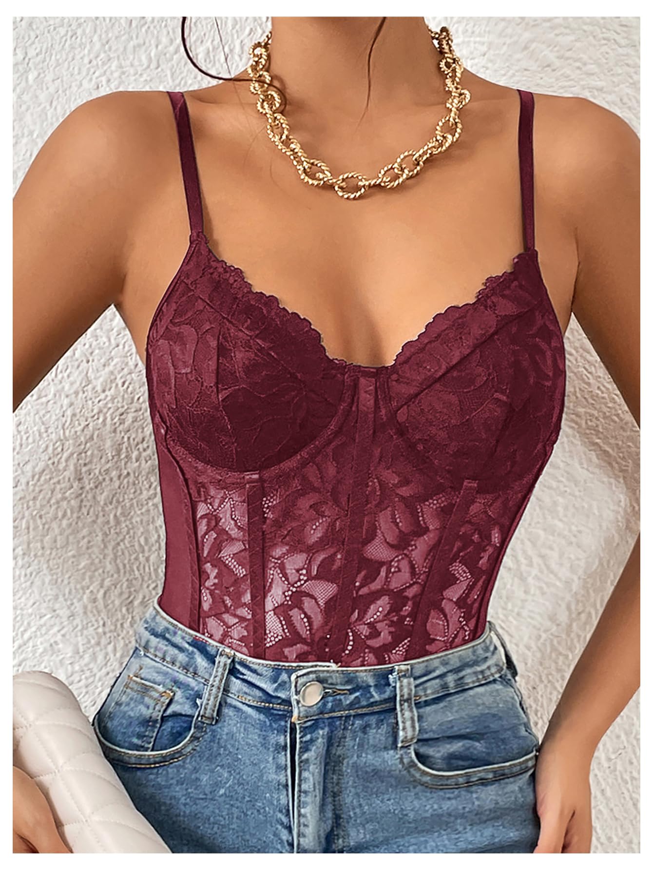 Sexy Floral Lace Sheer Mesh Corset Bodysuit Spaghetti Strap Cami Tops