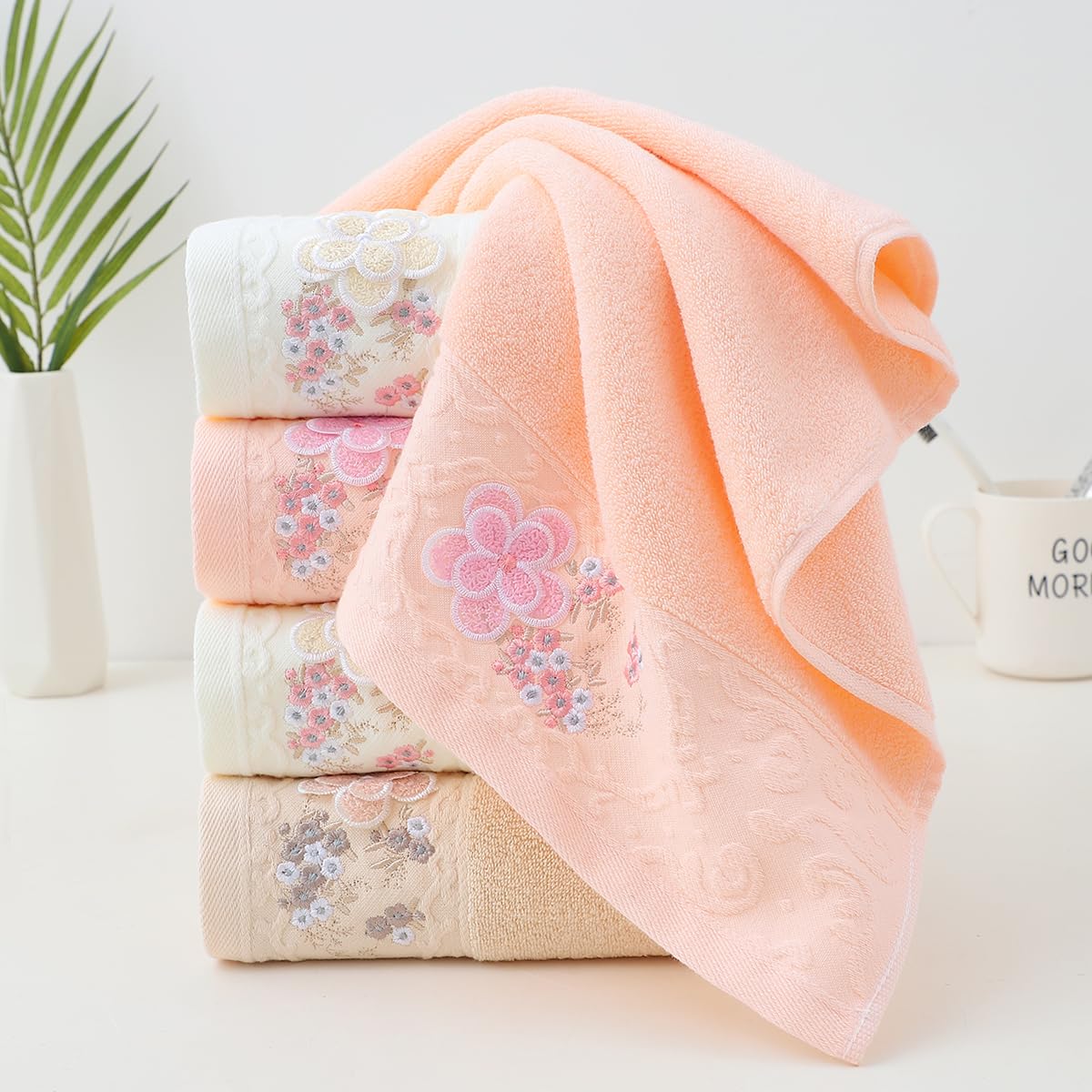 Embroidered Floral Pattern 100% Cotton Absorbent Soft Decorative Towel for Bathroom