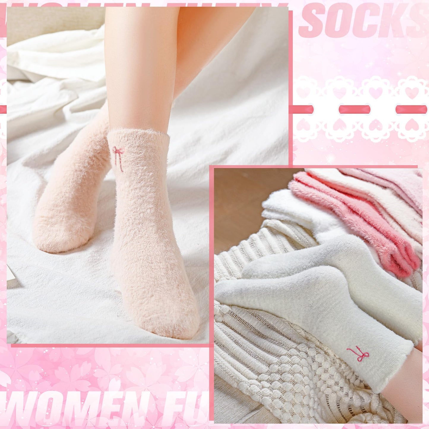 Women's Bow Fuzzy Socks Winter Crew Slipper Socks Coquette 5 Pcs