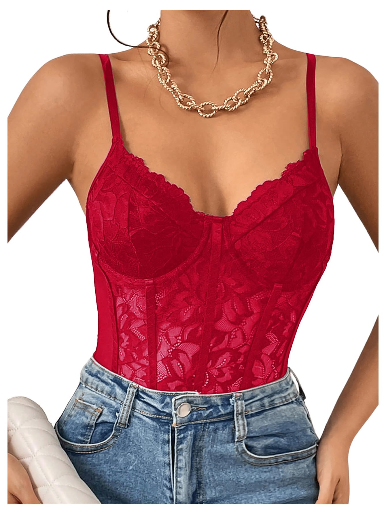 Sexy Floral Lace Sheer Mesh Corset Bodysuit Spaghetti Strap Cami Tops