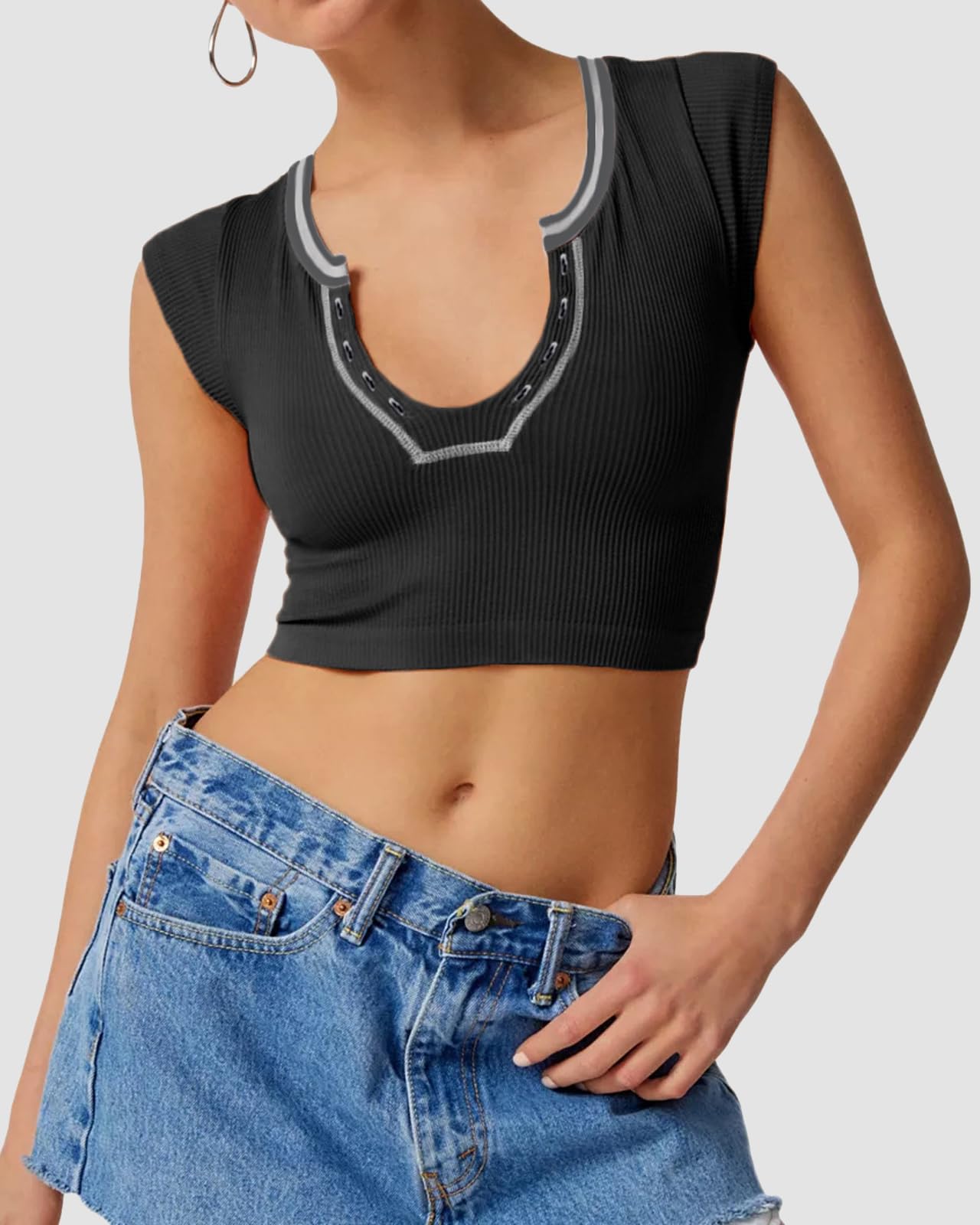 Crop Top Crew Neck T-Shirt Short Sleeve - Ribbed Knit Basic Crop Tank Top