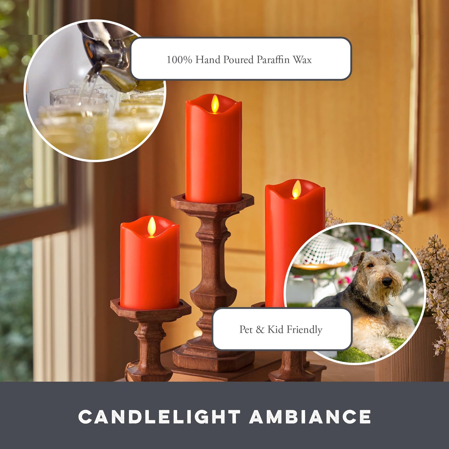 Flameless LED Flickering Battery Candle Moving Flame Pillar, Melted Edge, Real Wax Smooth Finish