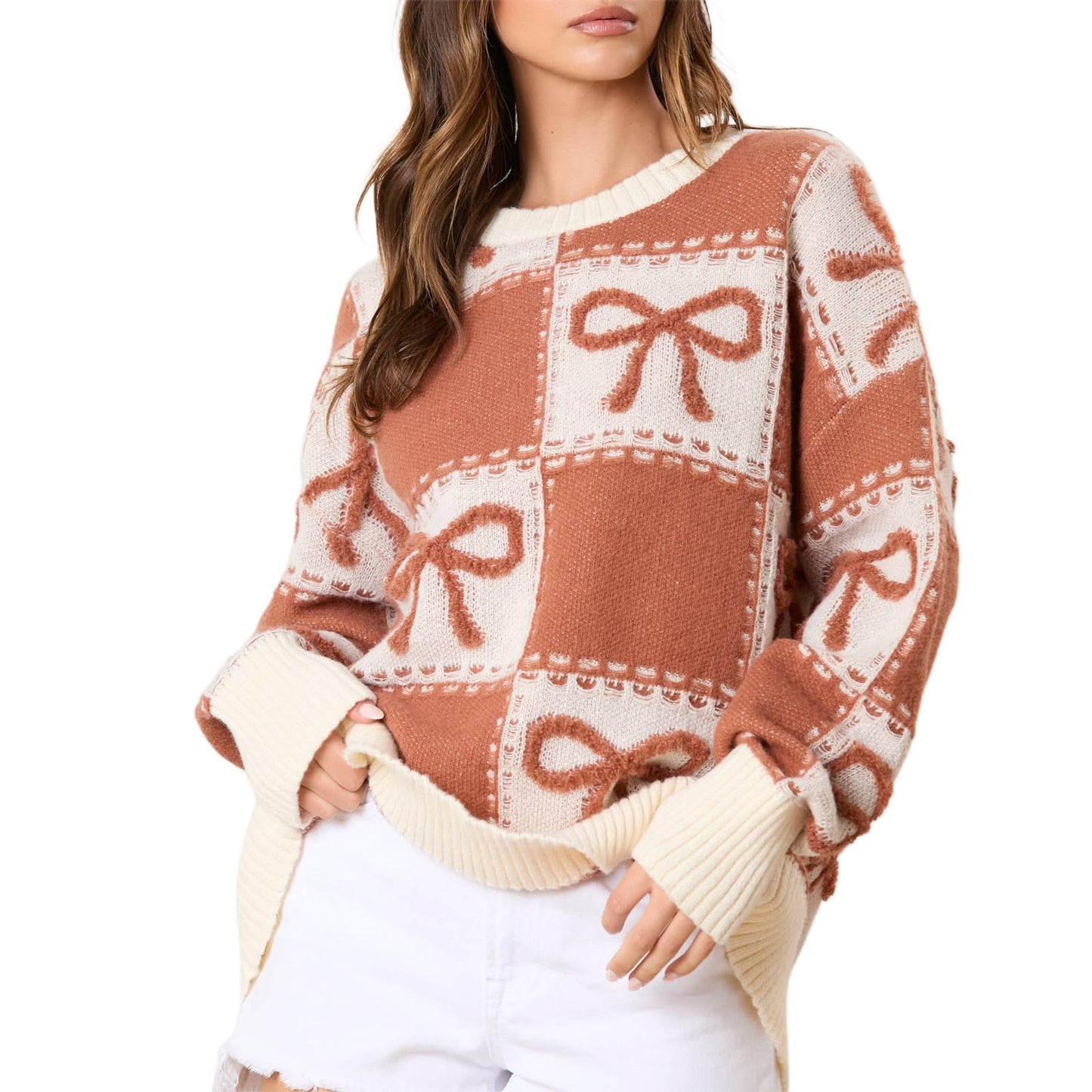 Women Oversized Y2K Fall Sweater Cute Bow Print Long Sleeve Cable Knit Pullover