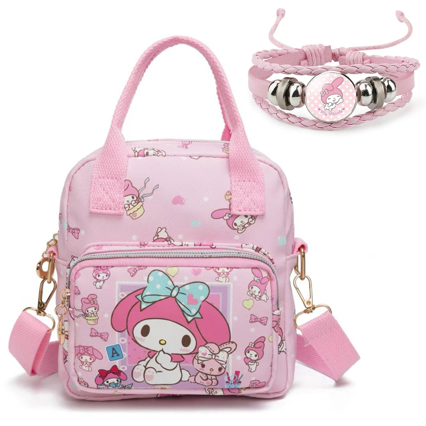 Kawaii Kitty PU Crossbody Bag with Handles Adjustable Shoulder Strap and Bracelet, Handbag with Zipper, Wallet Purse