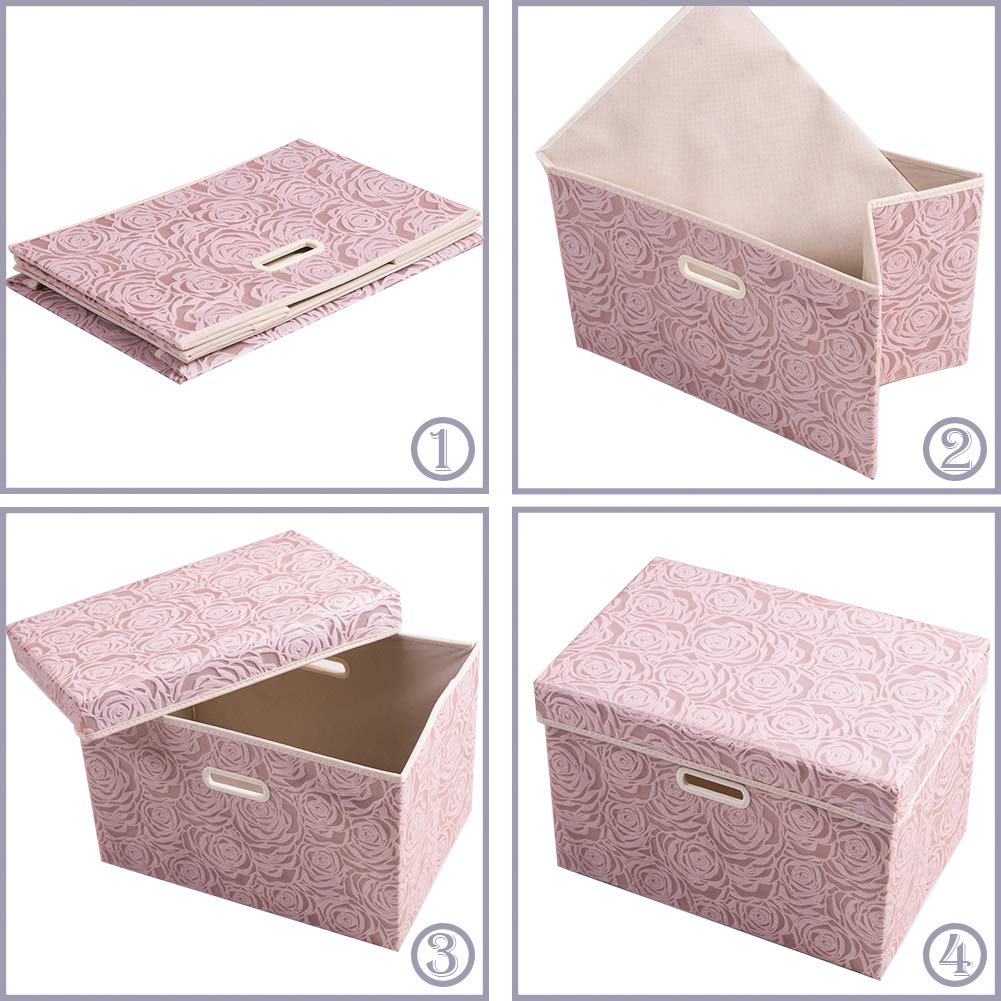 Larger Collapsible Storage Bin with Lid Fabric Decorative Storage Box Cube Organizer Container Baskes with Handles Divider for Bedroom Closet Living Room Pink 17.7x11.8x11.8 Inch