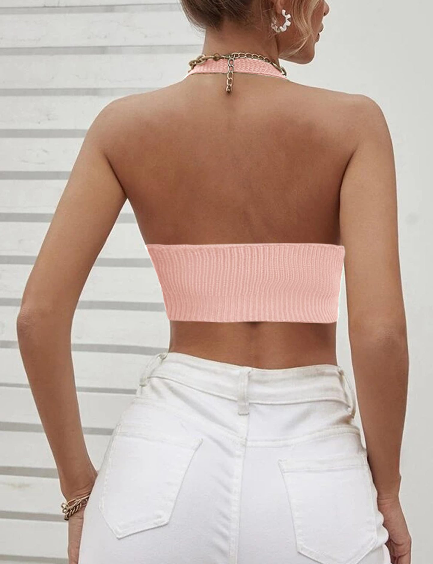 Women's Sexy Deep V Neck Crop Tops Halter Knit Ribbed Bow-Knot Front Backless Cleavage Cropped Tank Top