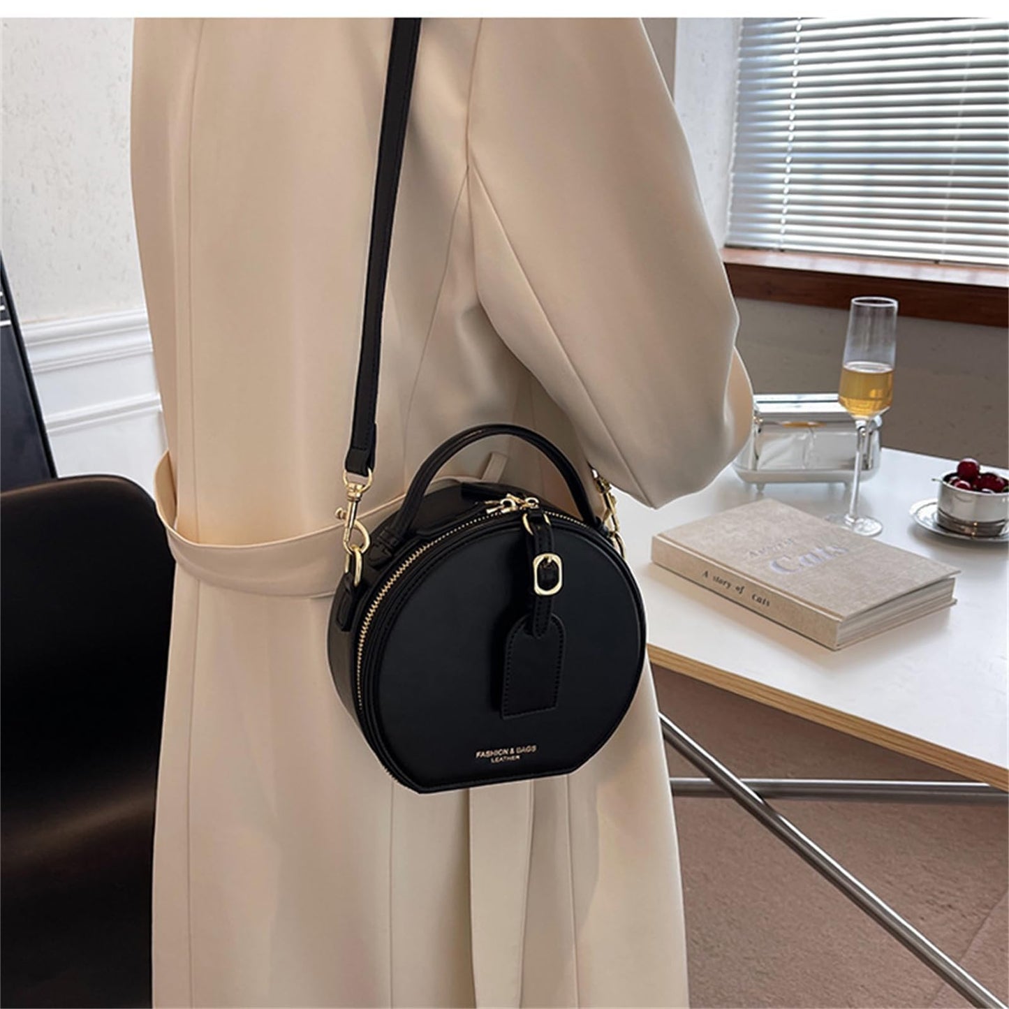 Retro Round Leather Bag Top Handle with Strap