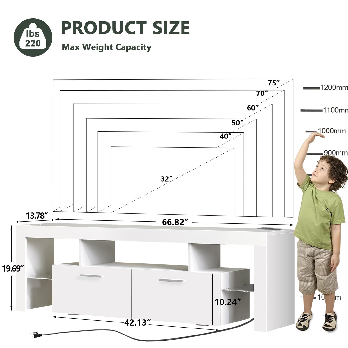 LED TV Stand with Large Storage Drawer -  Modern High Gloss TV Console Table with Entertainment Center