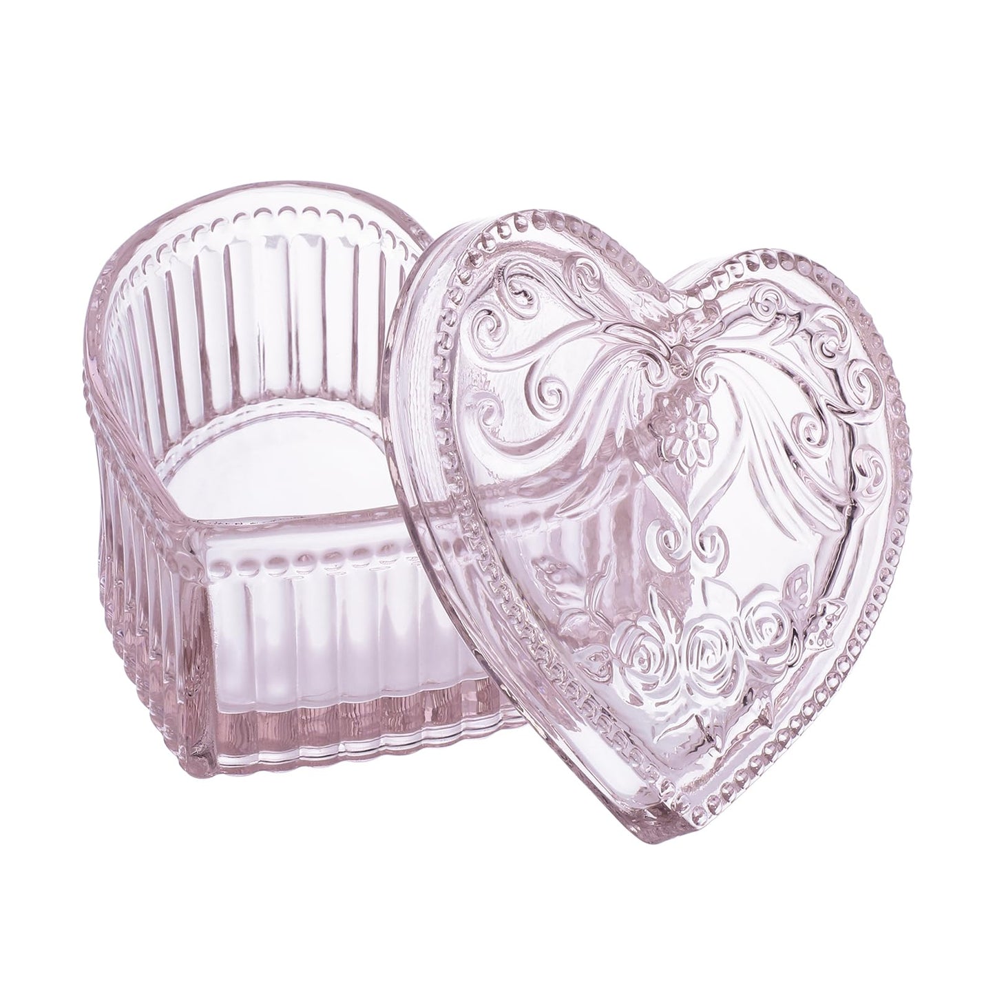 Heart-Shaped Crystal Glass Jewelry Box with Embossed Design and Lid