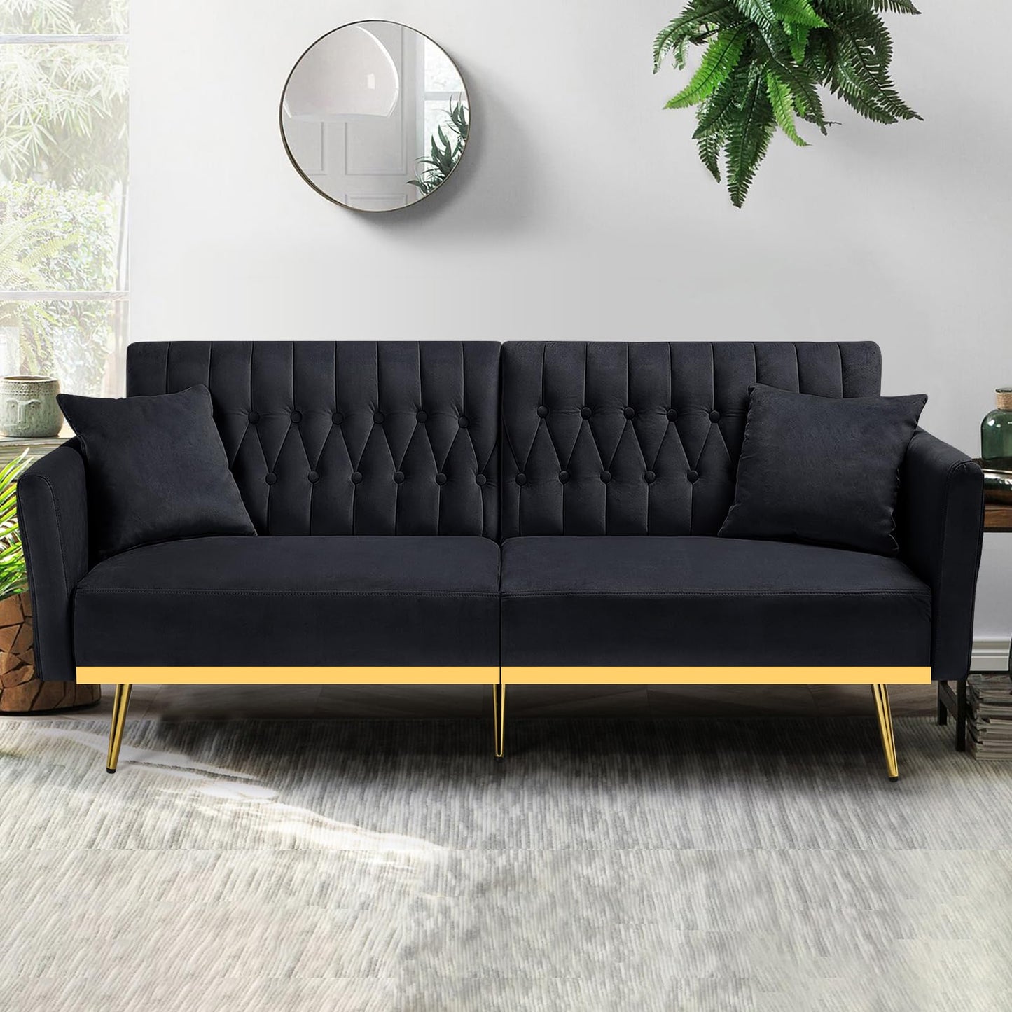 Velvet Futon Sofa Bed with 2 Pillows and Adjustable Armrests, 70”