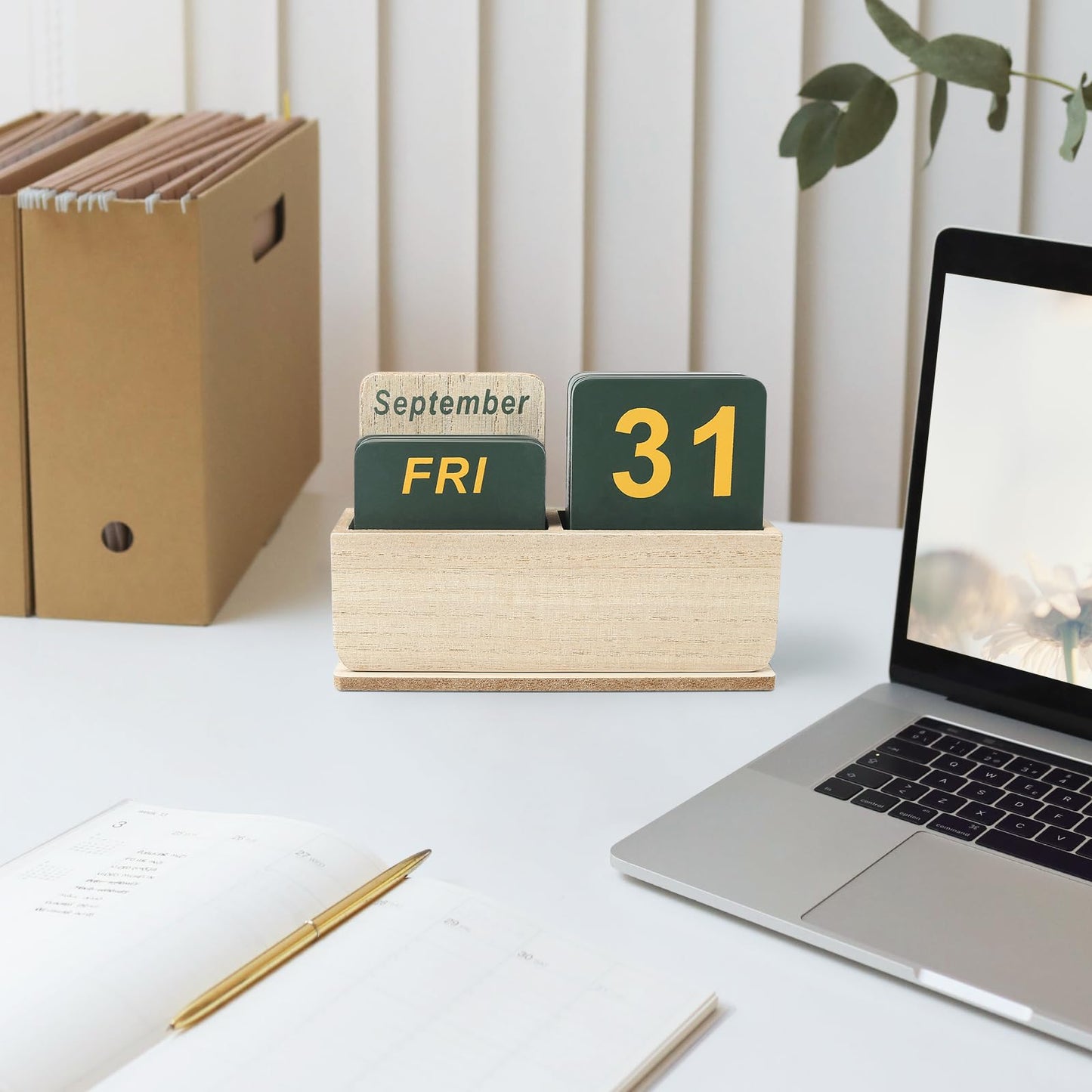 Wooden Block Perpetual Calendar for Desk, Daily Desktop Standing Flip Calendar with Large Display