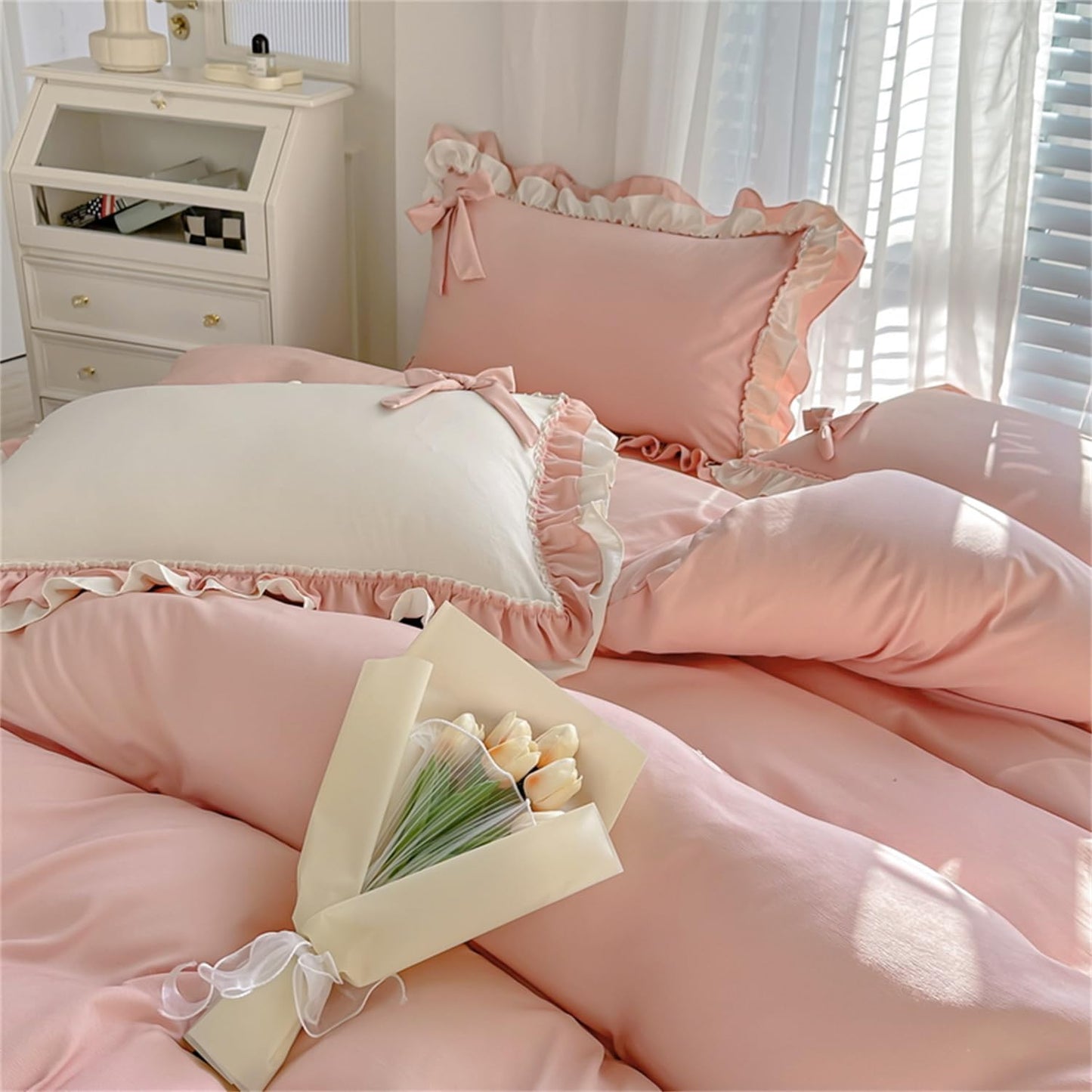 Girls Pink Bow Duvet Cover Princess Ruffle Bedding 100% Washed Microfiber 3pcs,Ruffled Duvet Cover Set