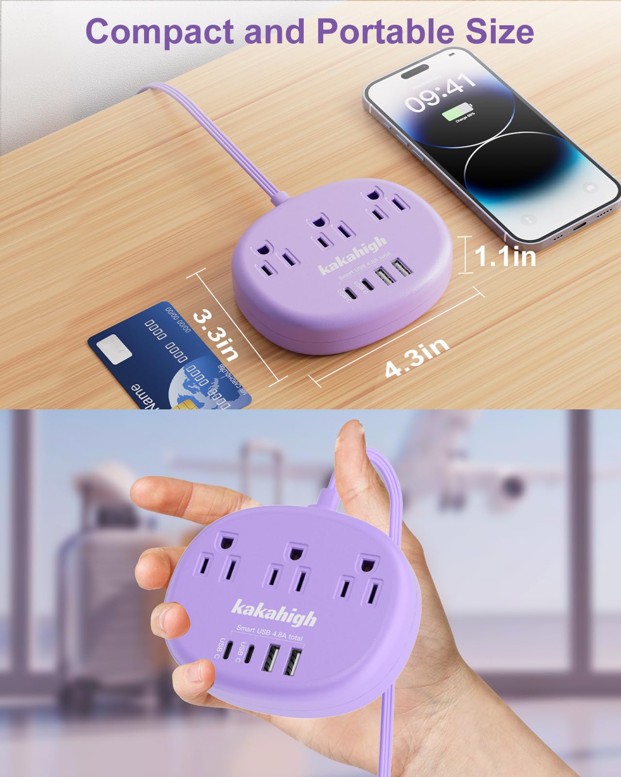 Cute Surge Protector – 5FT Flat Extension Cord, 3 Outlets, 4 USB Ports (24W)