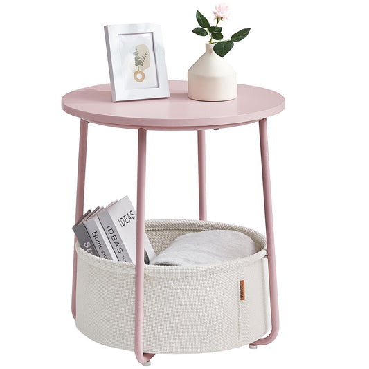 Small Bedside Table with Fabric Basket, Modern Nightstand, Round Side Table