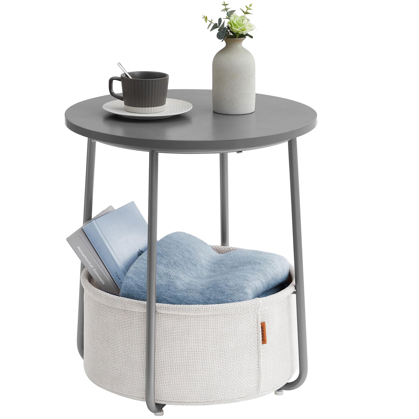 Small Bedside Table with Fabric Basket, Modern Nightstand, Round Side Table