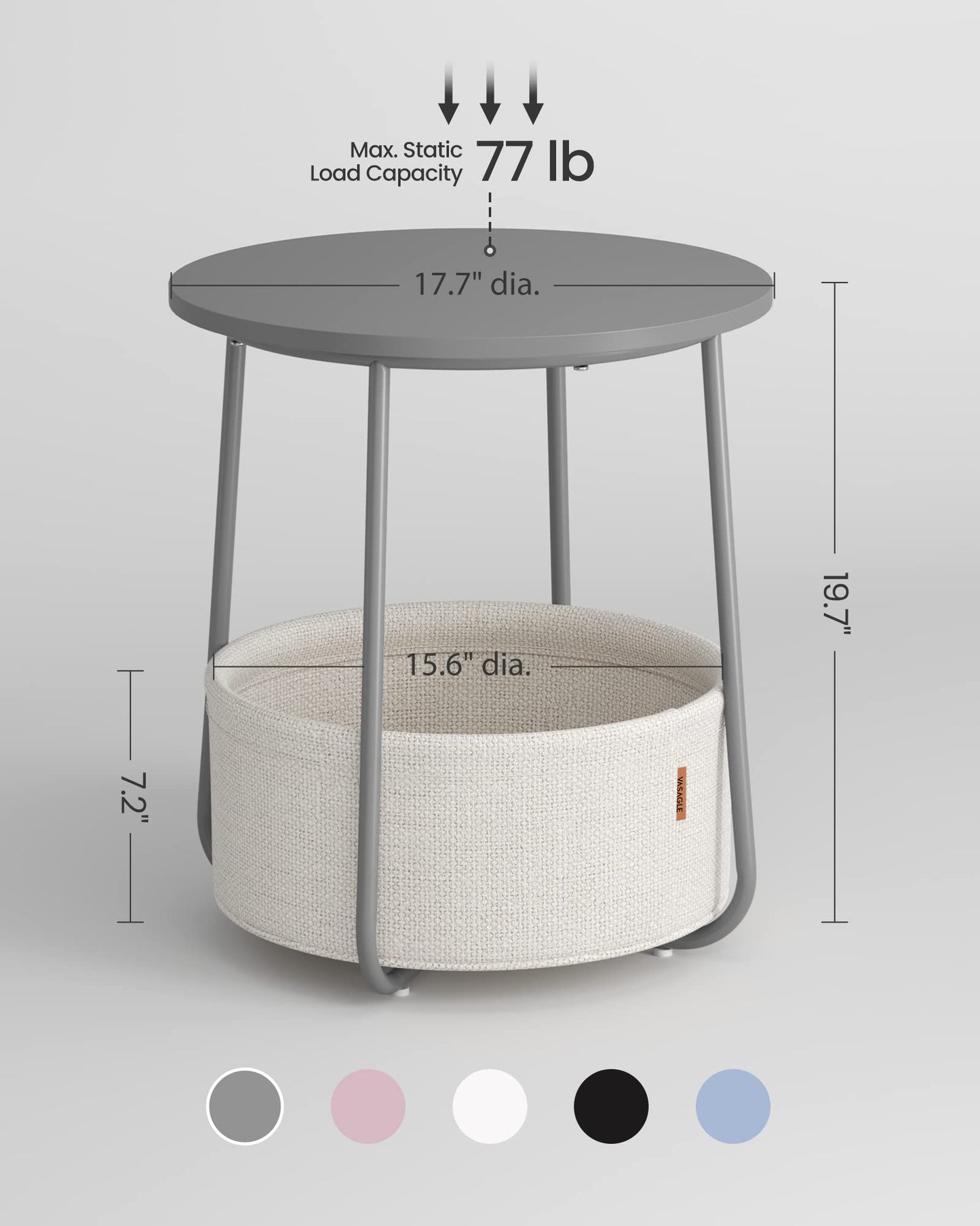 Small Bedside Table with Fabric Basket, Modern Nightstand, Round Side Table