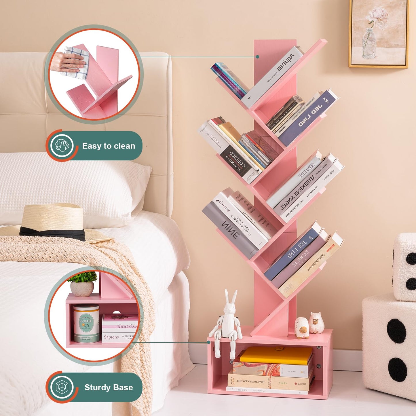 Tree Bookshelf - 6 Shelf Retro Floor Standing Bookcase, Tall Wood Book Storage Rack