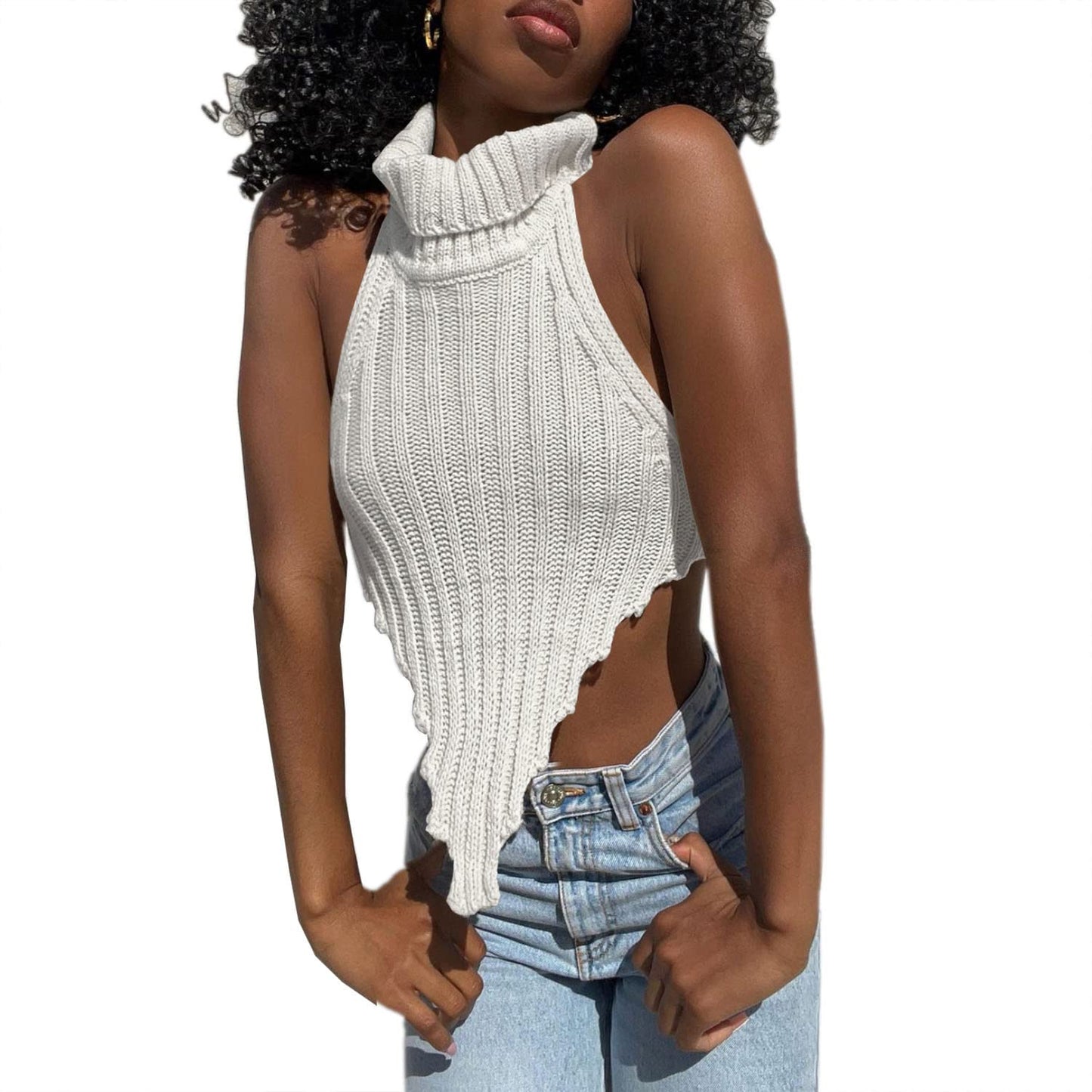 Sexy Halter Knitted Turtleneck Crop Tank Tops Irregular Cut Out Backless Camisole