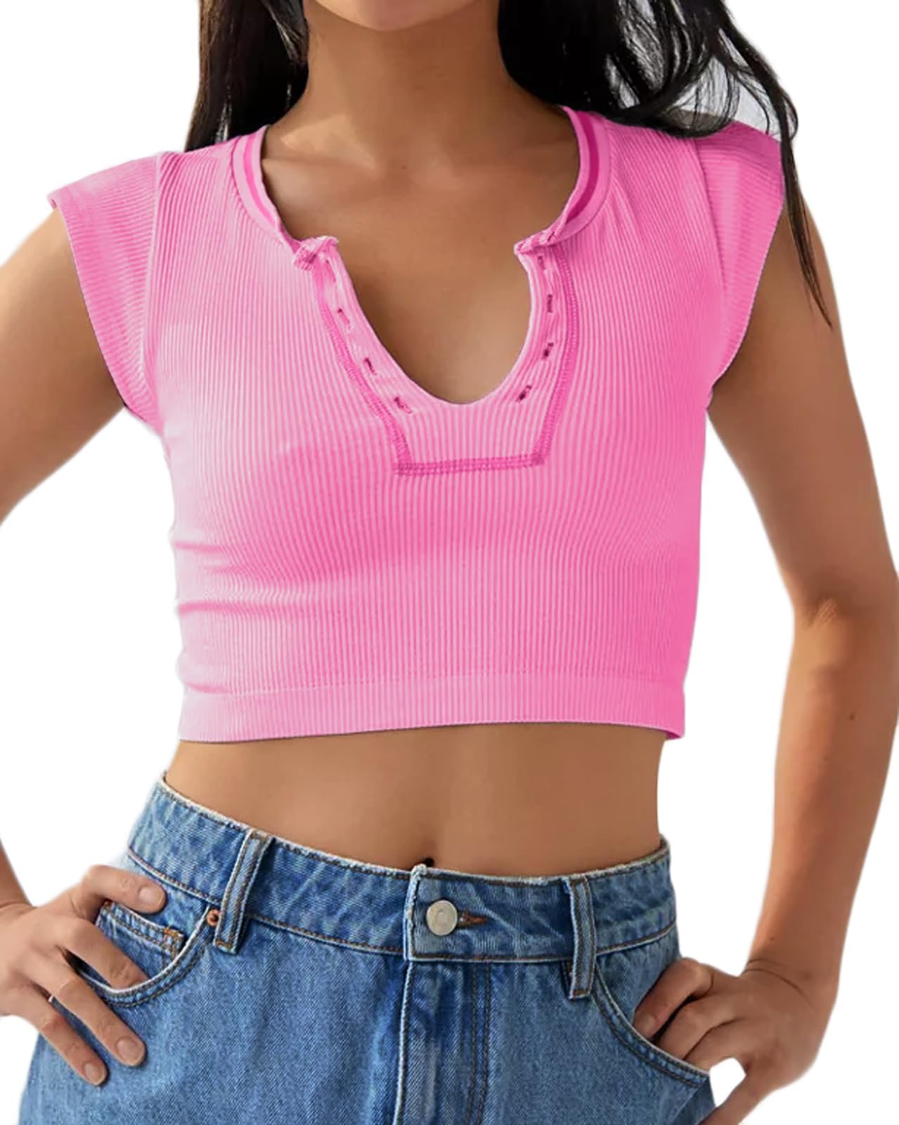 Crop Top Crew Neck T-Shirt Short Sleeve - Ribbed Knit Basic Crop Tank Top