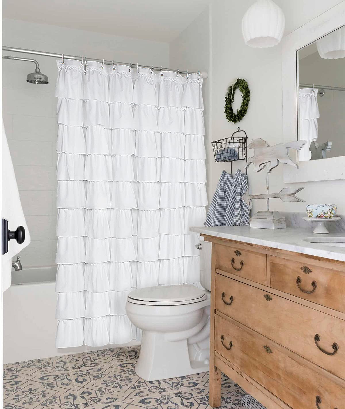 Ruffle Shower Curtain Farmhouse Rustic Fabric Cloth Shower Curtains for Bathroom, 72" x 72"