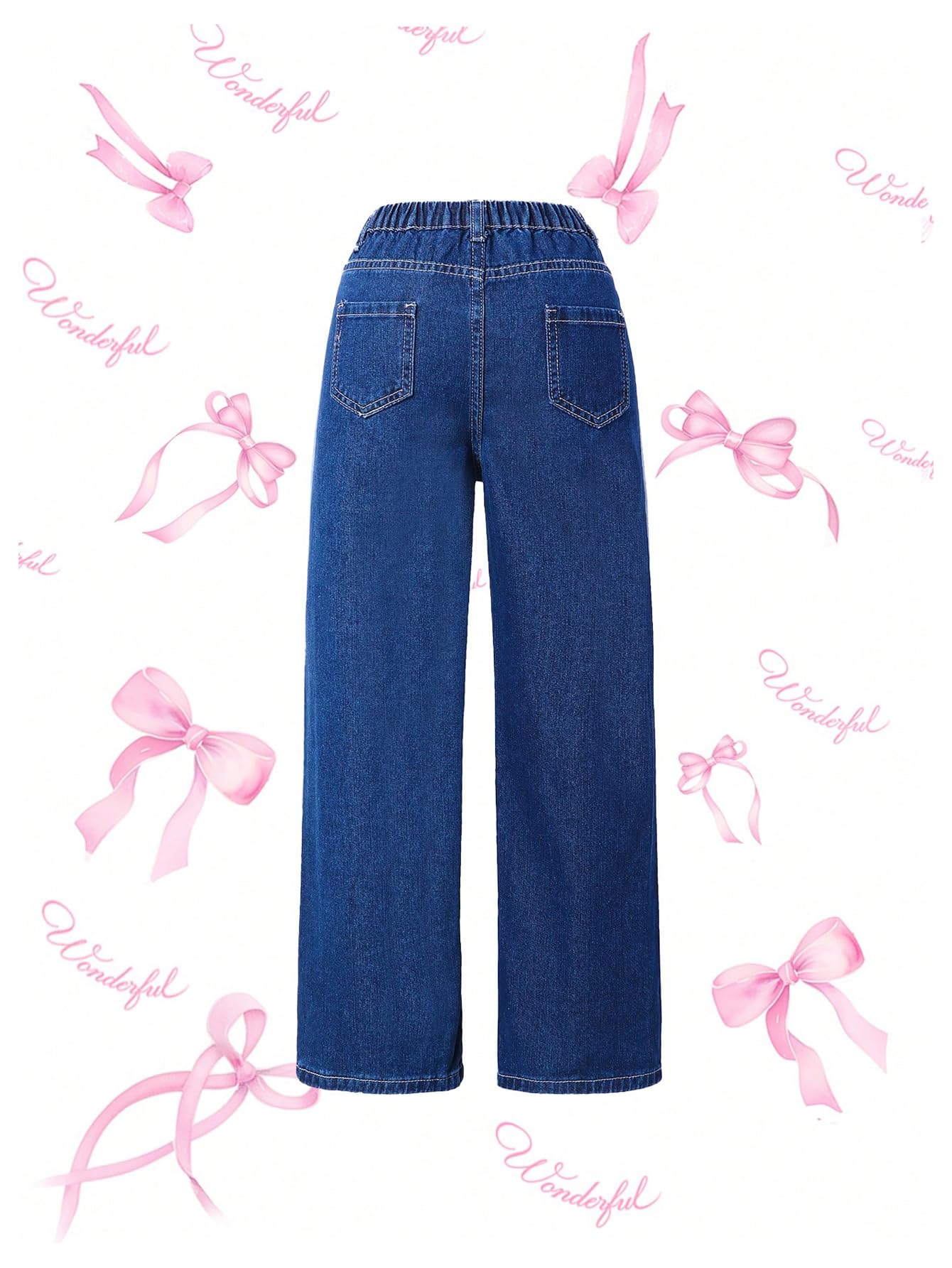 MakeMeChic Girl's Bow Knot Print Straight-Leg Loose-Fit Zip-Fly Cute Denim Jeans