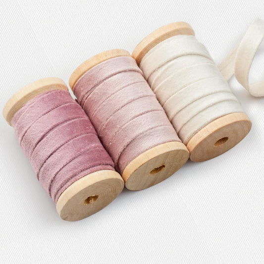 Velvet Ribbon Set: 3 Rolls of 3/8" Wide, 5 Yards Each, on Wooden Spools for Crafts and Decorations