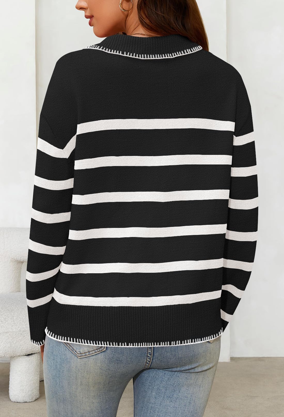 Women's Oversized Striped Sweater Collared V Neck Long Sleeve Knit Pullover