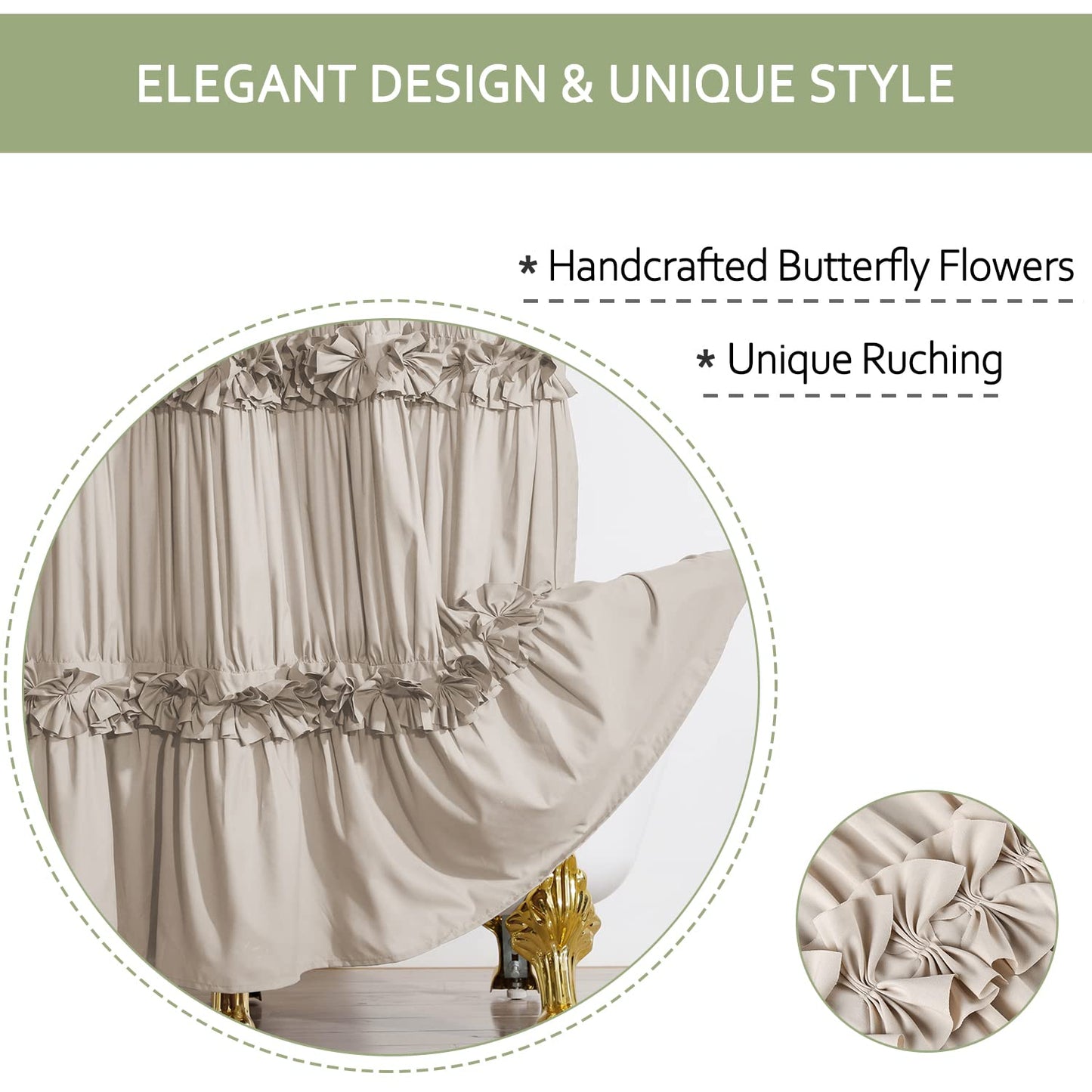 Victorian Bow Tie Ruffle Shower Curtain, with 12 Buttonholes, 72" W x 72" H, White (LQ-10)