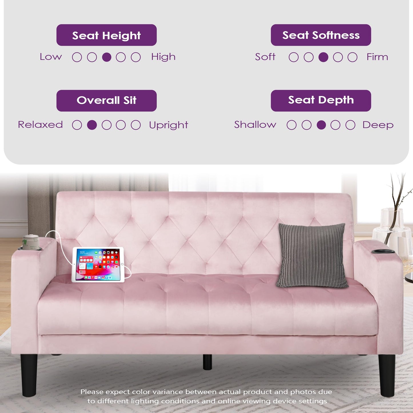 Loveseat Sofa w/ 2 USB Charger Ports and 2 Cupholders, Mid-Century Modern Tufted Pink Velvet