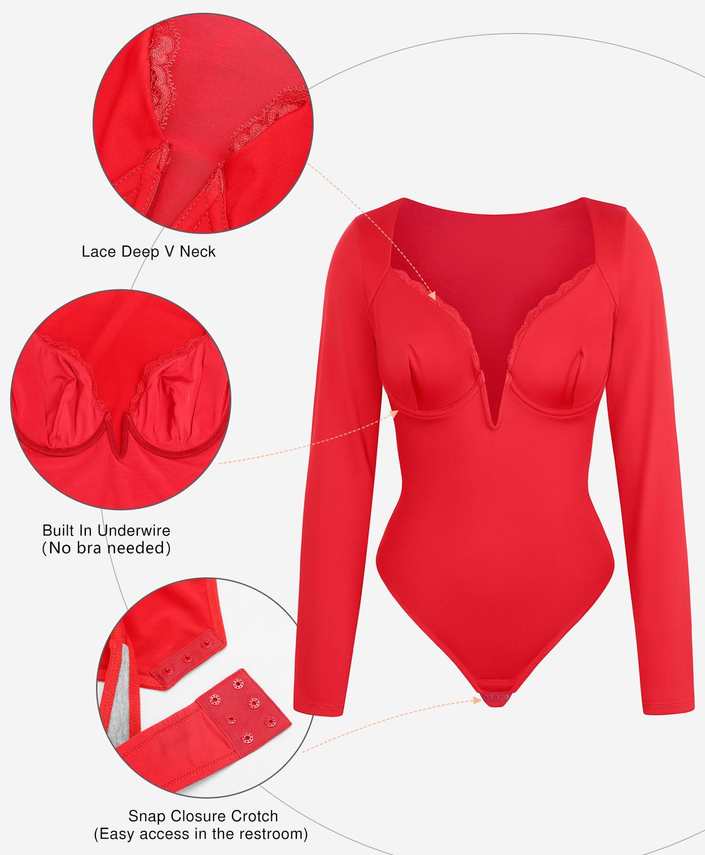 Lace Shapewear Bodysuit Long Sleeve Body suits -  Deep V Neck Tummy Control Corset Top