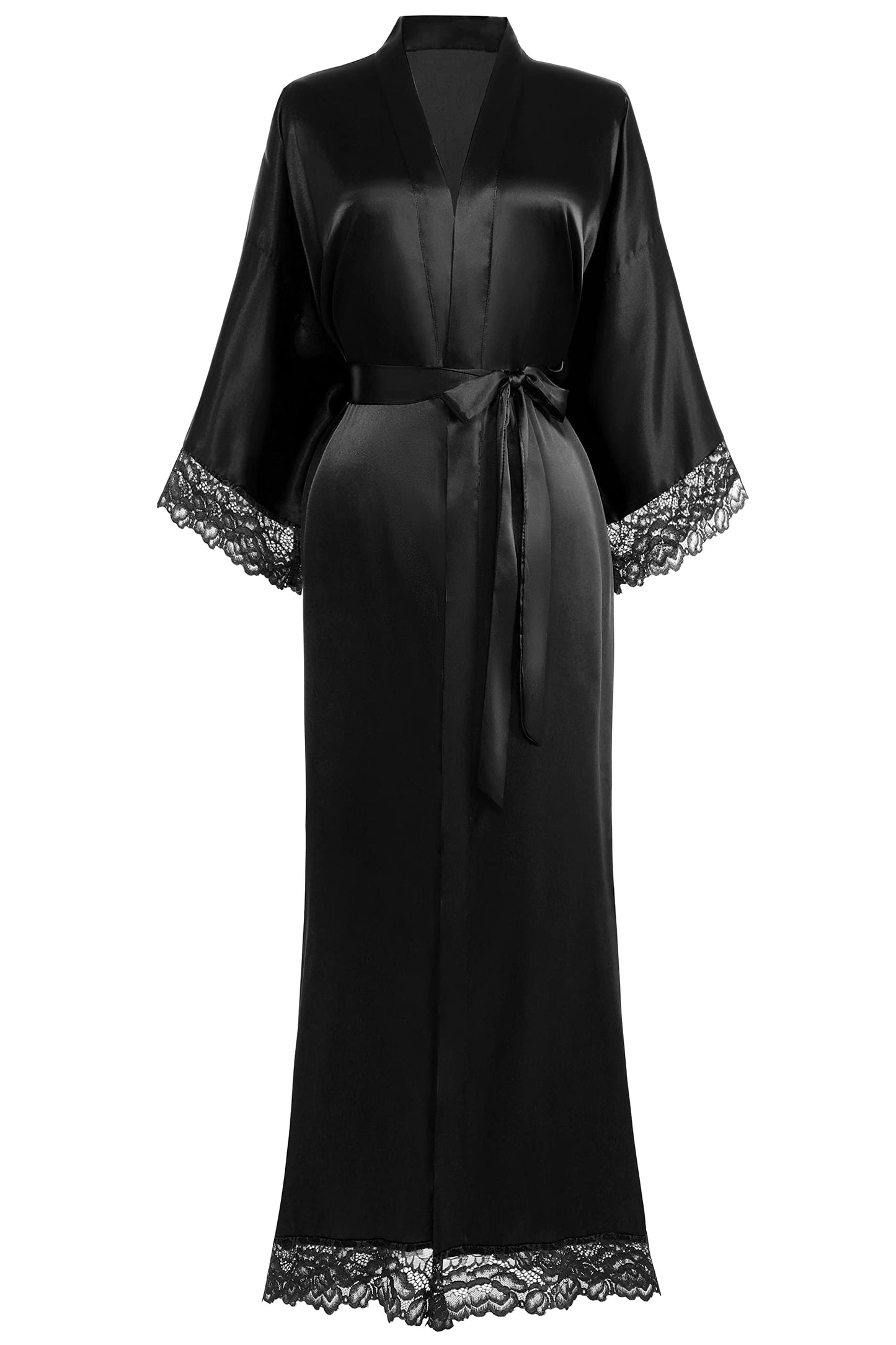 Satin Kimono Robe Silky Long with Lace Trim