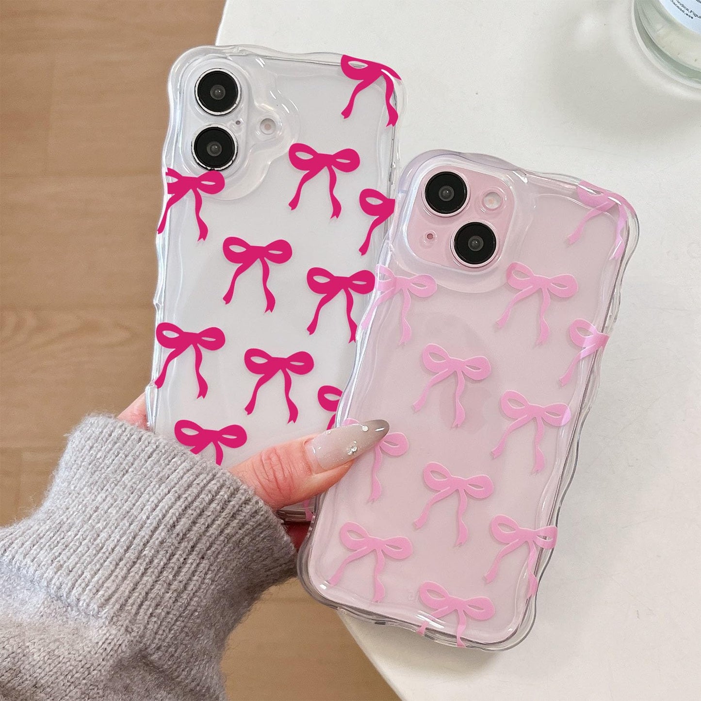 Cute Ribbon Bows Case for iPhone, Wavy Curly Frame Clear Transparent Soft Silicone TPU Bumper Shockproof Protective Cover