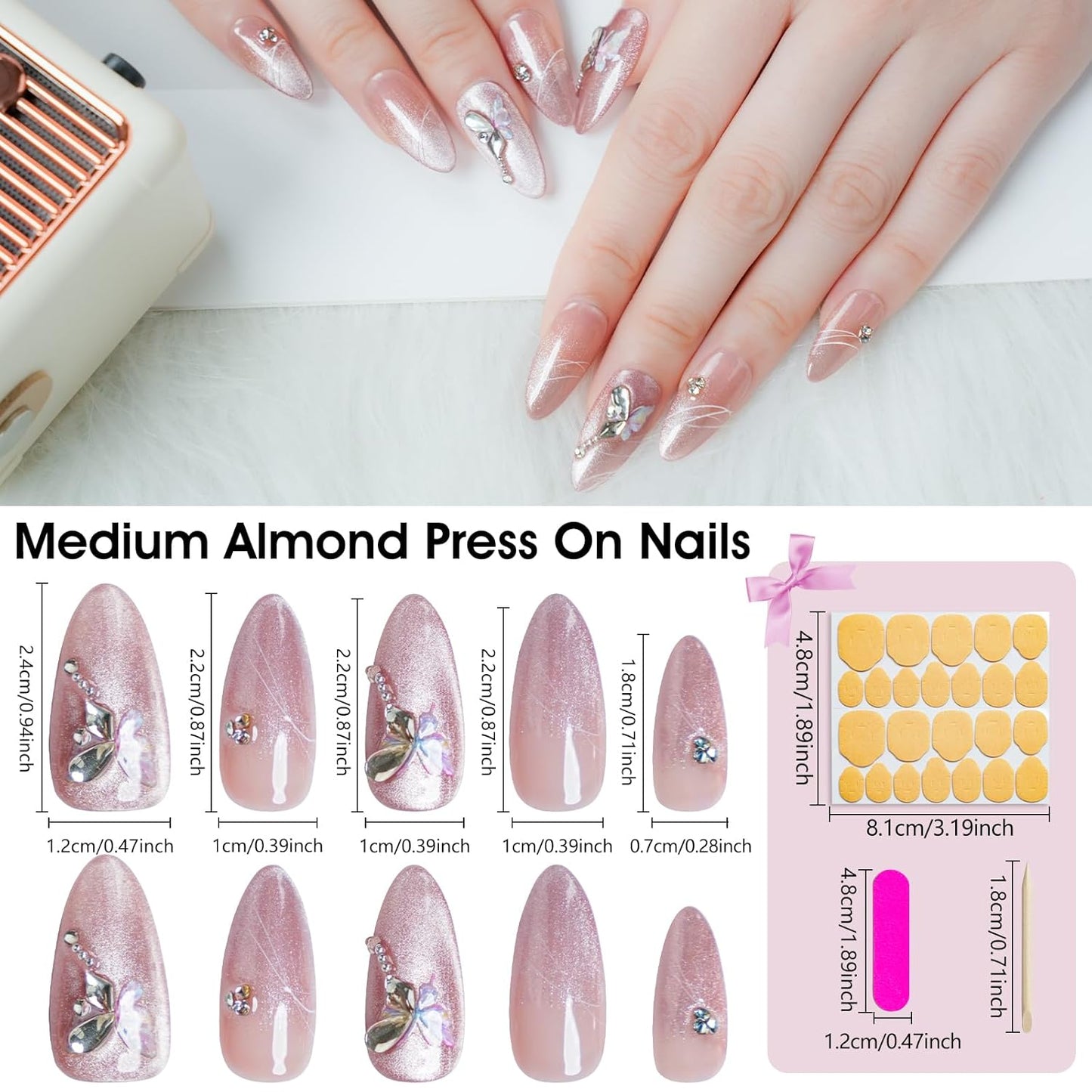 Press on Nails Medium Almond Pink Fake Nails Press ons with Butterfly Rhinestone Designs