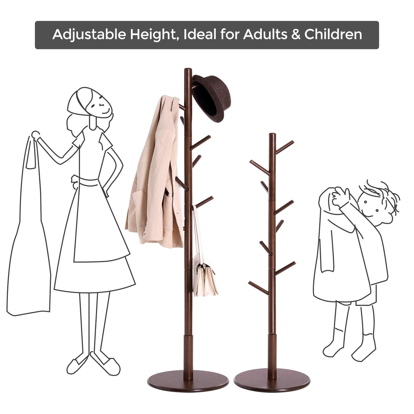 Solid Wood Coat Rack – Free-Standing Tree with 8 Hooks, Adjustable Height for Coats, Hats, and Bags