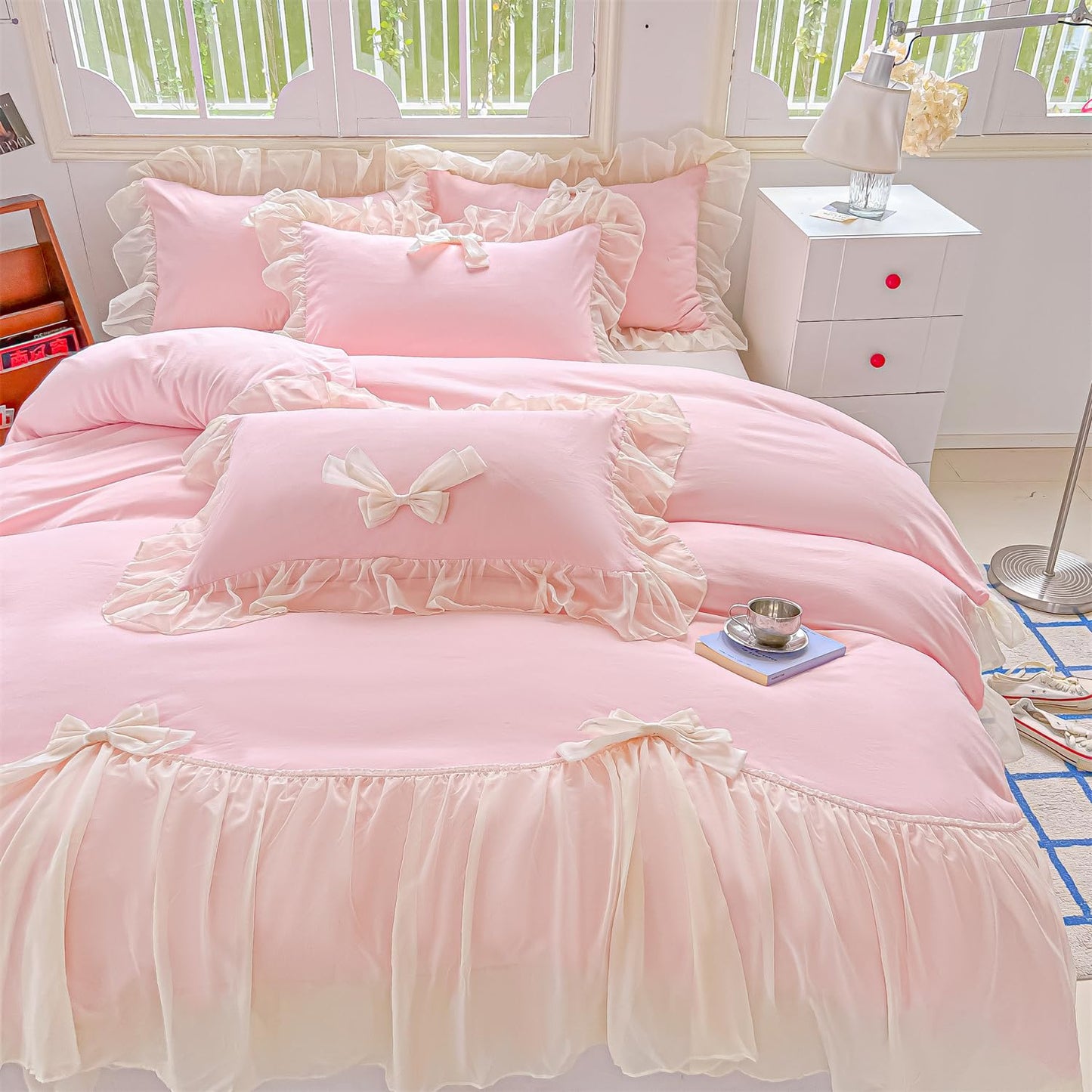 Princess Style Lace Bedding Comforter Cover Set, Chic Ruffled Duvet Cover with Lovely Bow, 1 Duvet Cover with 2 Pillowcases, No Comforter