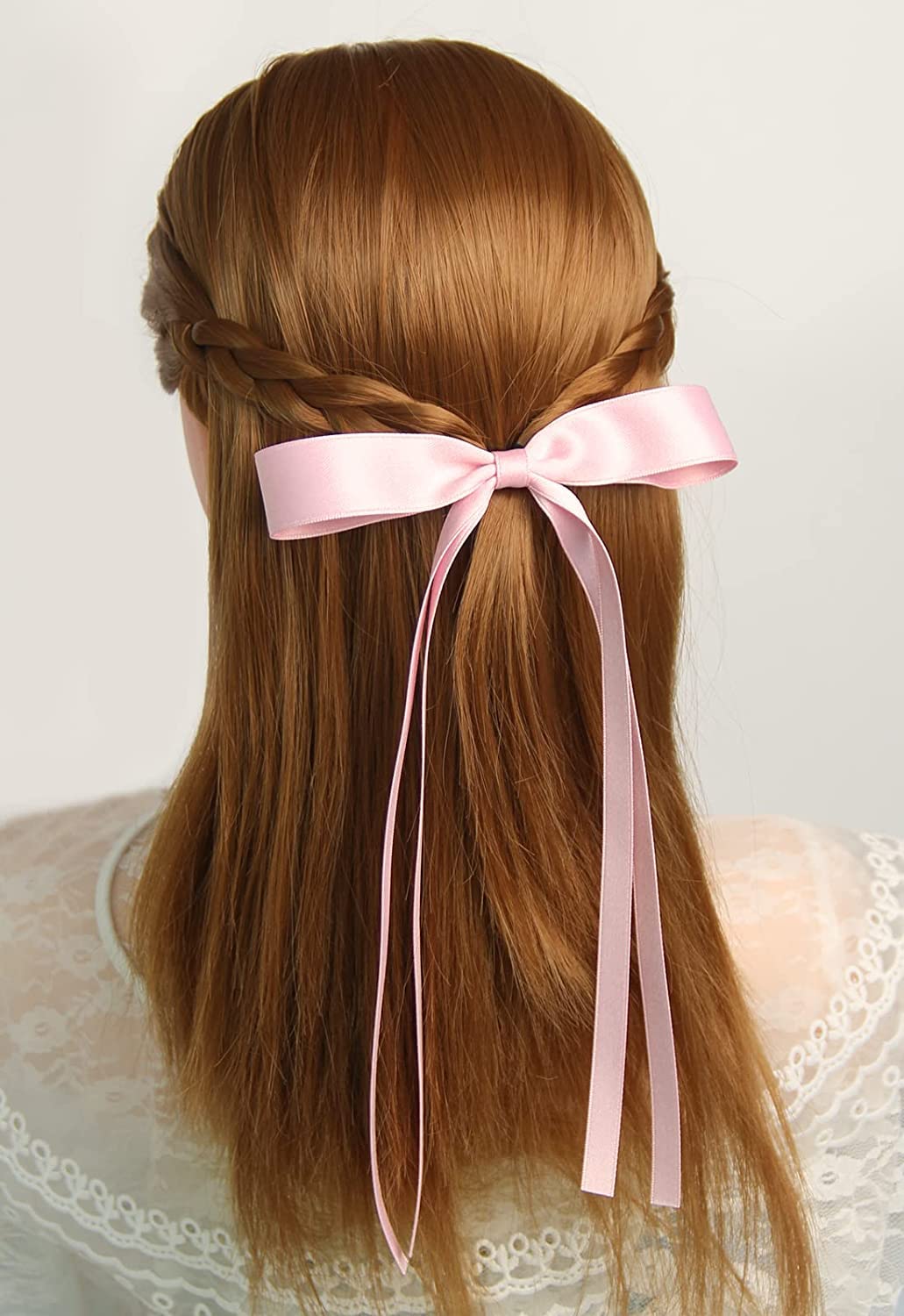 Satin 4-Piece Hair Ribbon Clips for Women and Girls – Pink and Beige Long Tail Bow Hair Accessories