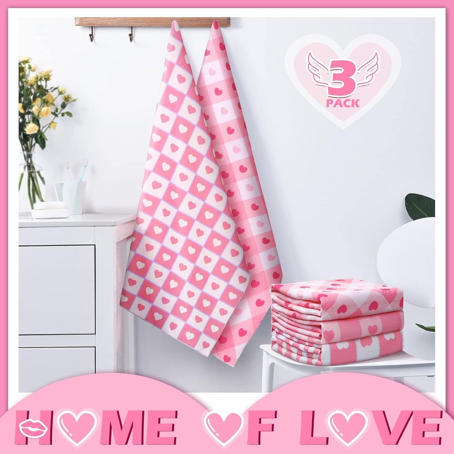 Valentine's 3 Pcs Kitchen Dish Tea Towels Pink Heart Hand Towels 18 x 28 Inches