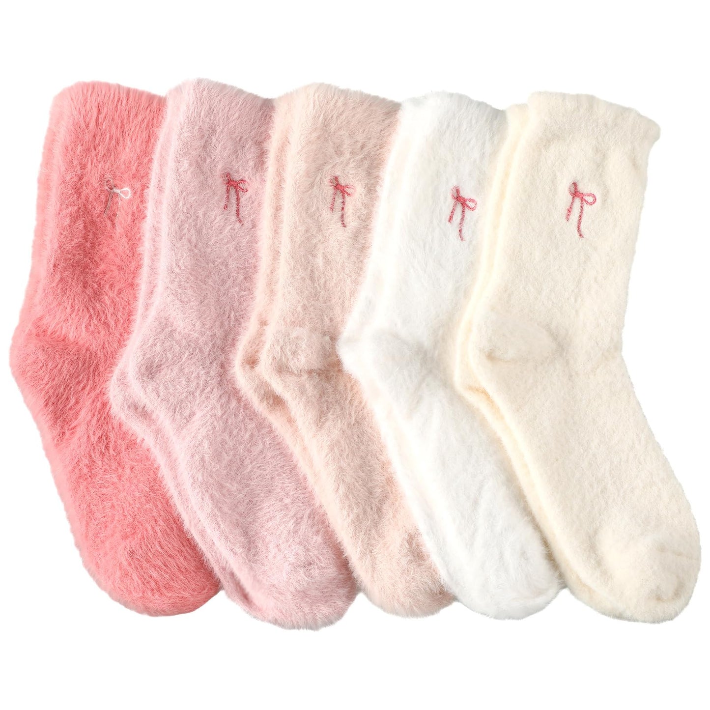 Women's Bow Fuzzy Socks Winter Crew Slipper Socks Coquette 5 Pcs