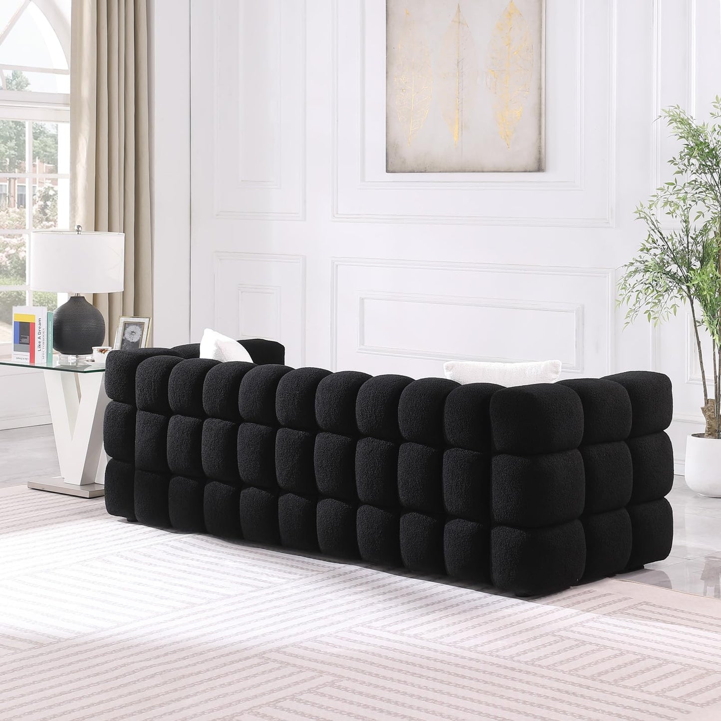 Modern Sofa Couch with Metal Legs Upholstered Tufted 3 Seater Couch with 2 Pillows Decor