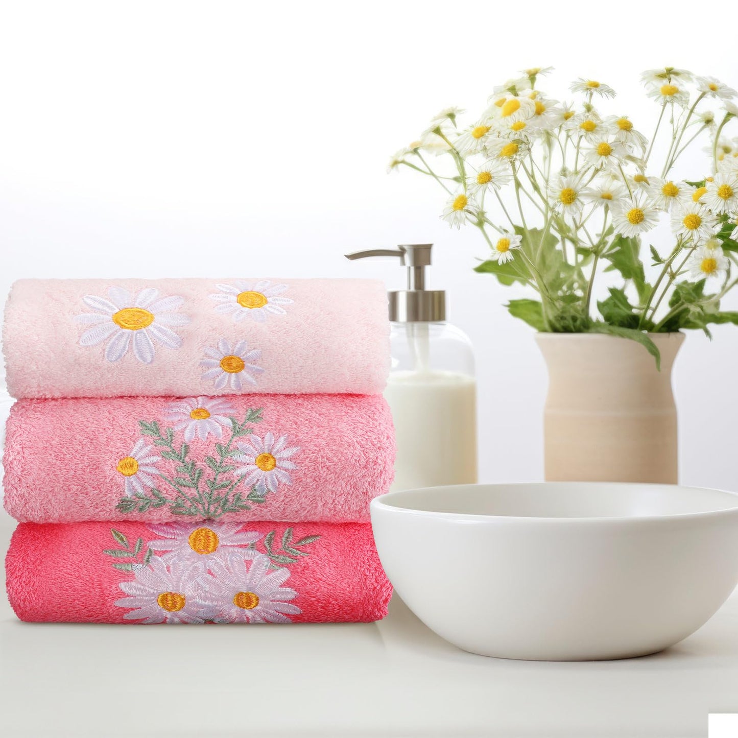 Embroidered Floral Hand Towels - Cute Summer Flowers Cotton Soft Absorbent Towels