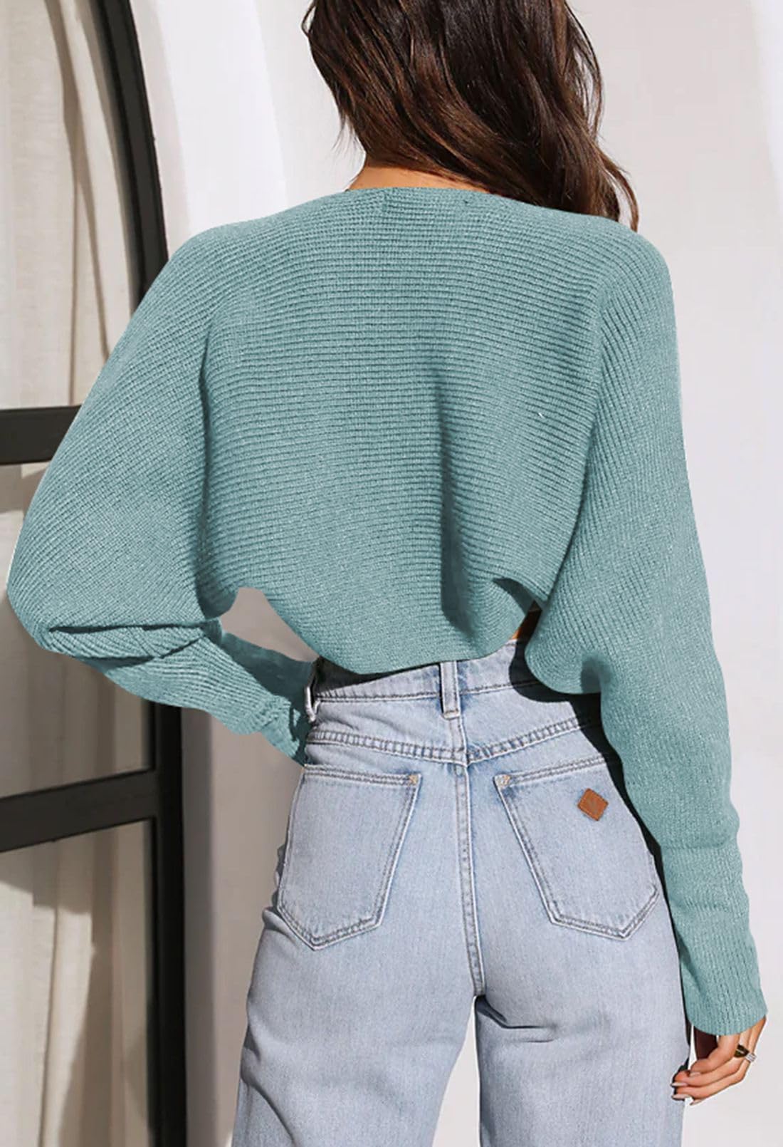 Open Front Batwing Long Sleeve Ribbed Knit Cropped Shrugs