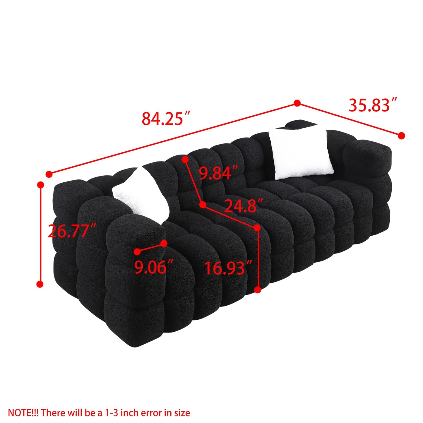 Modern Sofa Couch with Metal Legs Upholstered Tufted 3 Seater Couch with 2 Pillows Decor