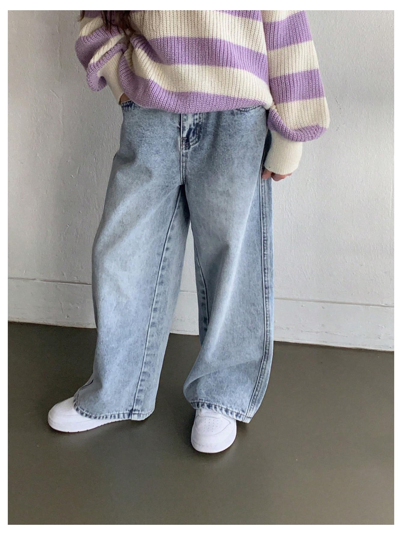 Girl's Bow Print Back Zipper Fly Elastic High Waist Denim Pants Basic Wide Leg Jeans