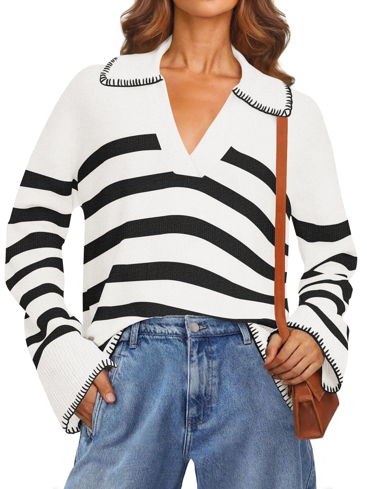 Women's Oversized Striped Sweater Collared V Neck Long Sleeve Knit Pullover