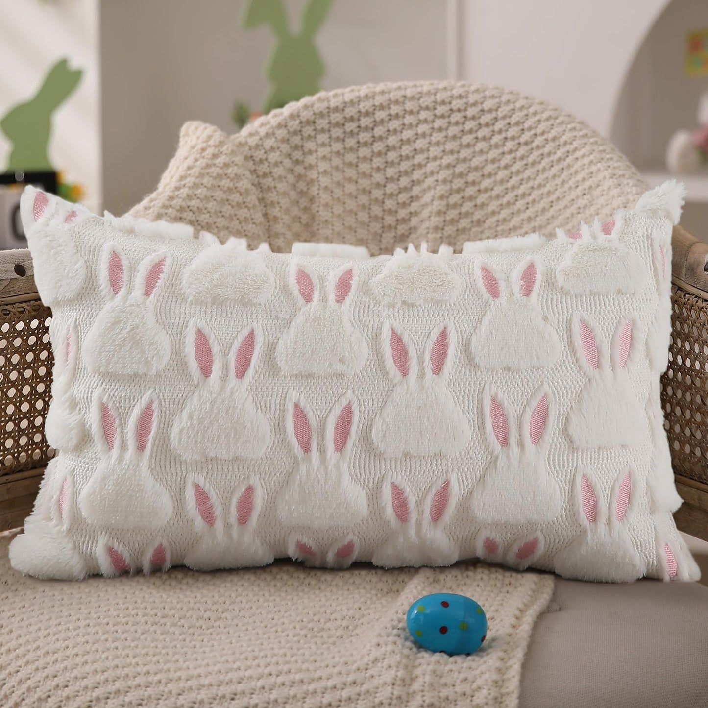 Easter Bunny Pillow Covers | Set of 2 Easter Soft Plush Faux Fur Jacquard Throw Pillows