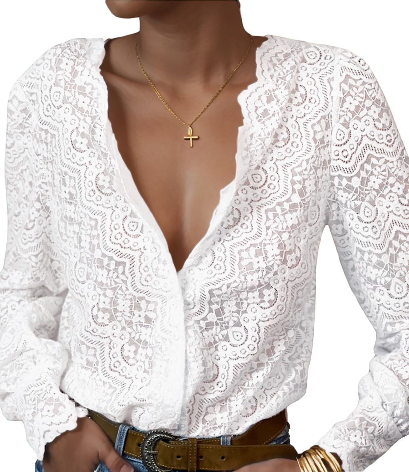 Lace Tops Blouses Puff Long Sleeve V Neck Button Down p